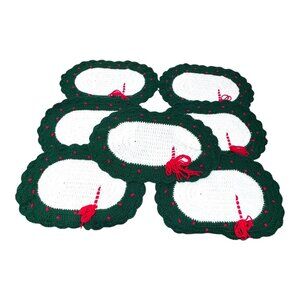 Set Of 7 Handmade Crochet Oval Placemats Christmas Holiday Grannycore Red Bow